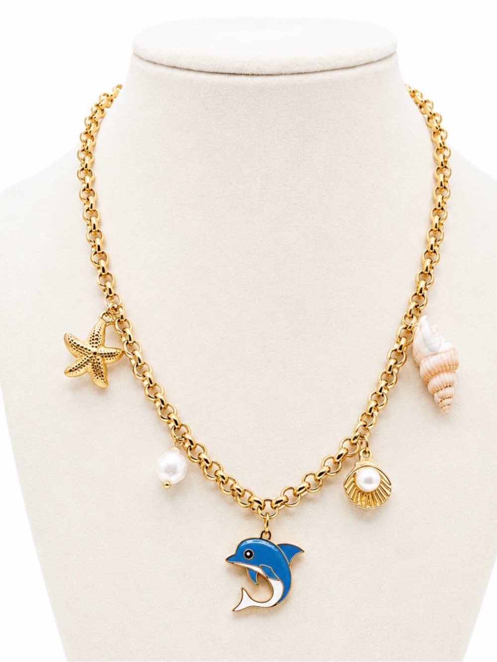 18K Gold Plated Dolphin Seashell Faux Pearl Necklace Stainless Steel Coastal NEW